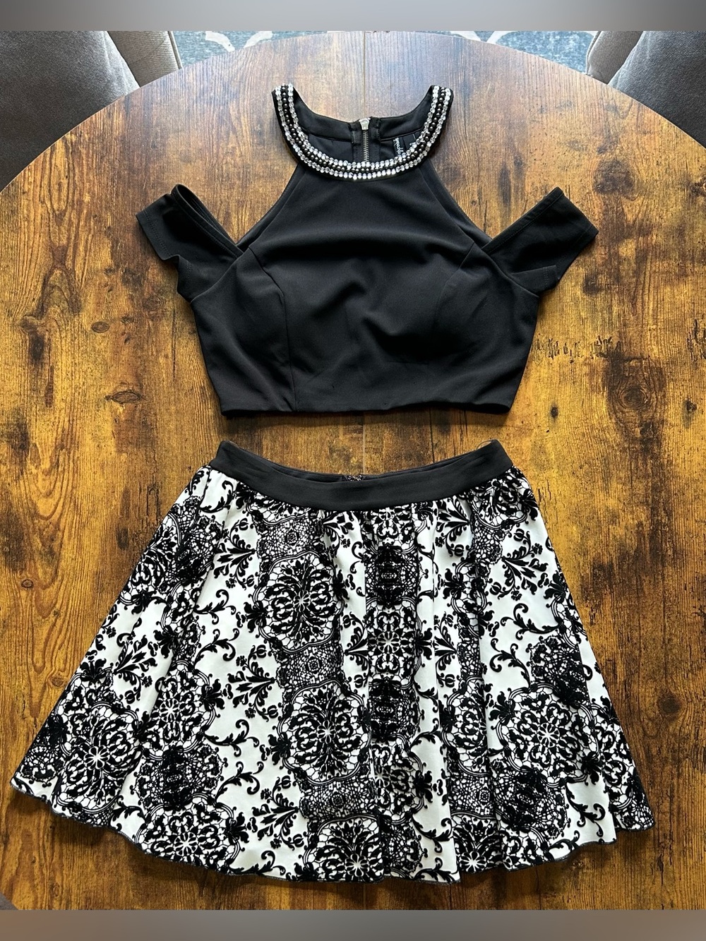 Speechless Black Embellished Crop Top with Black-and-White Printed Skater Skirt
